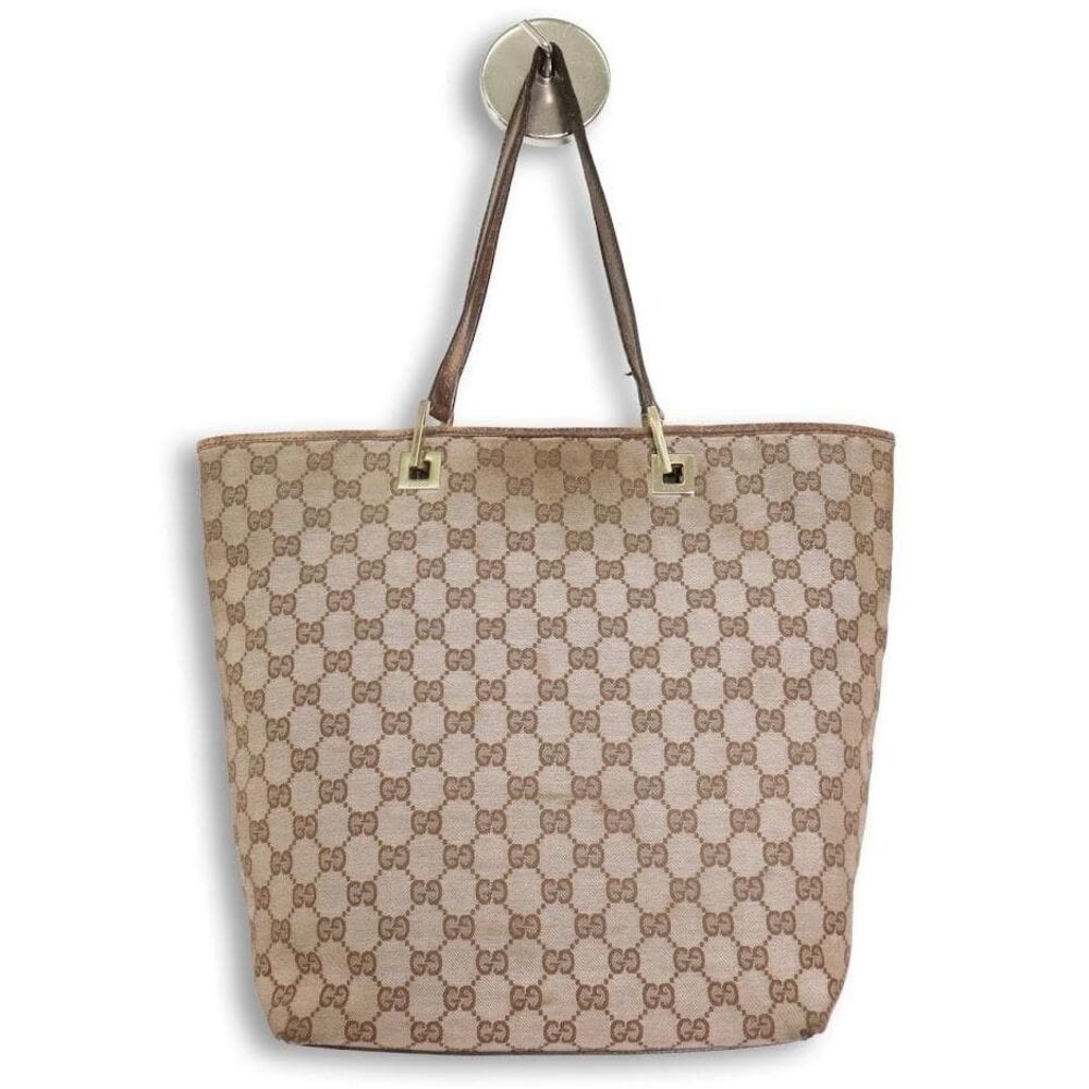 Gucci GG Canvas Tote Bag Beige Leather Handbag Travel Laptop - Picture 3 of 10